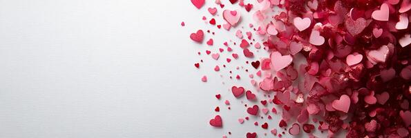 Colorful heart shaped confetti dispersing across a light background in a festive celebration photo