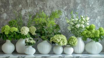 Elegant indoor garden display with assorted plants and decorative pots in a bright setting photo