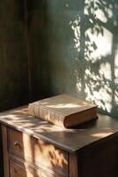 A cozy reading experience with an open book on a knit blanket near warm lights in the evening photo