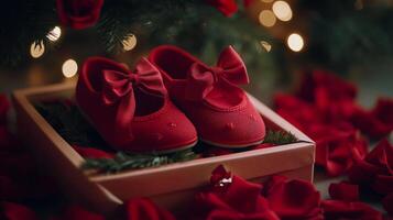 Red shoes with bows presented in a festive box among rose petals and twinkling lights photo