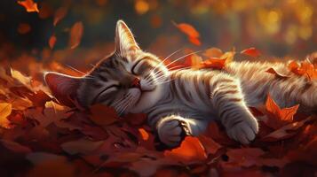 A peaceful cat napping among colorful autumn leaves in a serene outdoor setting photo