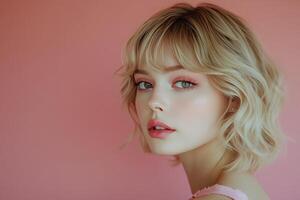 Young woman with short blonde hair poses in front of a pastel pink background during daylight photo
