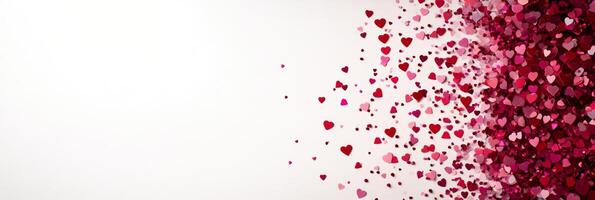 Colorful heart shaped confetti dispersing across a light background in a festive celebration photo