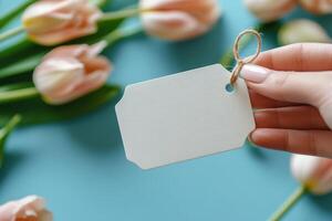 Hand holding a blank tag beside a bouquet of pink tulips against a blue background photo