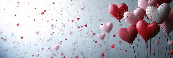 A collection of heart shaped balloons in red and pink colors against a plain white backdrop photo