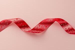 Decorative red ribbon with heart patterns on a soft pink background for festive occasions photo