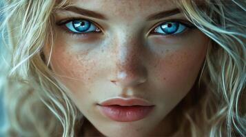 Young woman with striking blue eyes and freckles poses close up against a neutral background photo