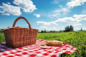 A sunny afternoon picnic in a grassy park with a woven basket and fresh fruit laid out photo