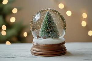 Decorative miniature Christmas tree and snow globe on wooden table with holiday lights in background photo