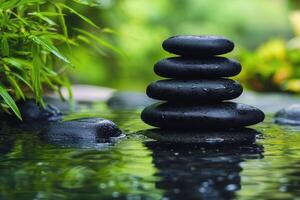 A tranquil stone fountain surrounded by lush greenery in a serene garden setting photo