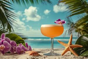 Refreshing tropical cocktail garnished with orchids on a sandy beach during a sunny day photo