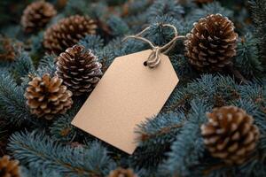 Natural pinecones and a blank gift tag on evergreen branches for holiday decorating ideas photo