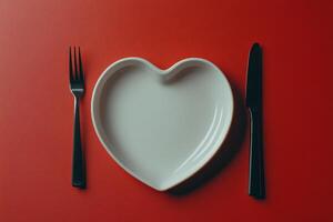 Empty heart shaped plate with utensils on red background, perfect for romantic dining setting photo