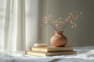 A peaceful setting with a lit candle and a vase of dried flowers resting on a wooden surface photo