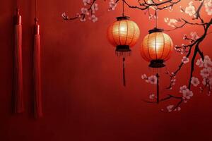 Decorative red lanterns and cherry blossoms create a festive atmosphere for celebrations photo