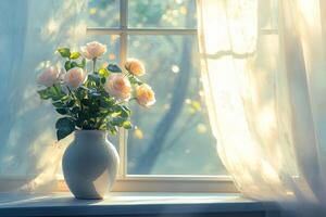 A pastel bouquet of roses in a white vase by a sunlit window on a serene morning photo