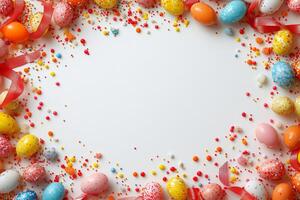 Decorated Easter eggs and pastel ribbons arranged on a white background for spring celebrations photo