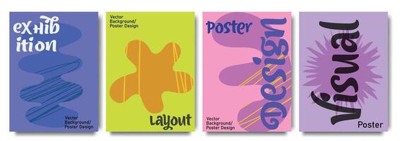 Vibrant exhibition poster set with abstract layouts and modern typography for creative visual projects. Design for celebration, ads, branding, banner, cover, label, poster vector