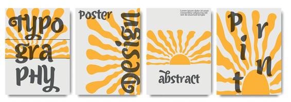 Modern poster collection with abstract sunburst patterns, bold typography, and vibrant orange accents for dynamic designs. Template for celebration, ads, branding, banner, cover, label, poster vector