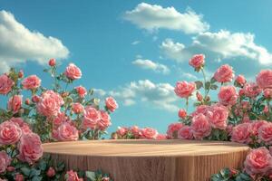 A wooden platform surrounded by blooming pink roses under a clear blue sky with fluffy clouds photo