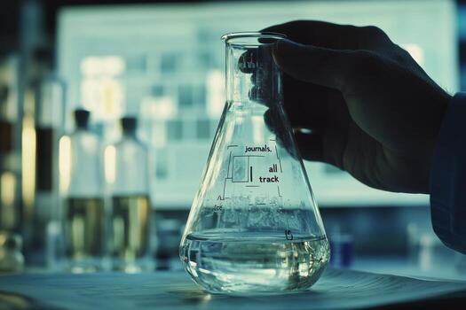 mano participación un laboratorio matraz lleno con líquido en un Ciencias laboratorio durante luz horas foto