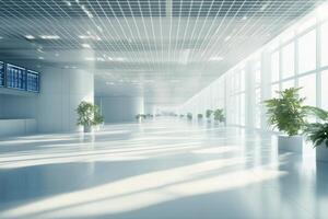 Modern corridor with large windows and plants during daytime at a contemporary building photo