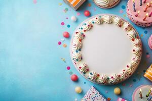 Colorful party setup with gifts and decorations on a vibrant background ready for celebration photo