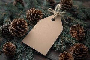 Natural pinecones and a blank gift tag on evergreen branches for holiday decorating ideas photo