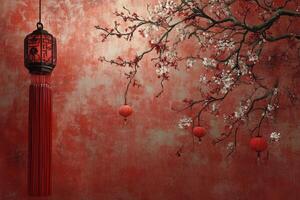 Decorative red lanterns and cherry blossoms create a festive atmosphere for celebrations photo