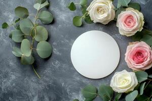 Elegant floral arrangement with pastel roses and a blank circular frame on a textured surface photo