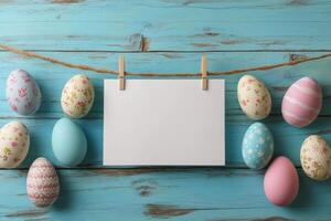 Colorful decorative Easter eggs hanging on a string against a blue wooden background photo