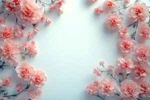 Pink peonies arranged artistically with green leaves on a light background for floral decoration photo