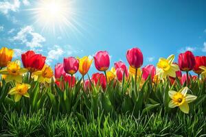 Colorful tulip and daffodil garden blooming under a bright blue sky during springtime photo