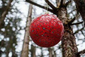 Red Christmas ornament decorated with silver snowflakes hangs on a snowy evergreen tree photo