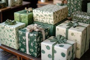 Elegant wrapped gifts arranged on display for festive occasions in a cozy store setting photo
