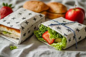 Freshly wrapped sandwich with strawberries and lettuce on a textured cloth in a bright kitchen photo