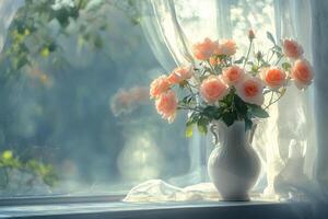 A pastel bouquet of roses in a white vase by a sunlit window on a serene morning photo