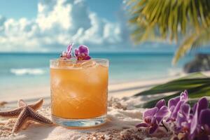 Refreshing tropical cocktail garnished with orchids on a sandy beach during a sunny day photo