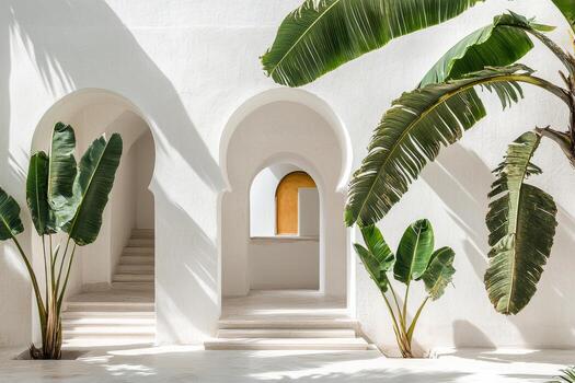 Elegant architectural design featuring steps and lush greenery in a modern indoor space photo