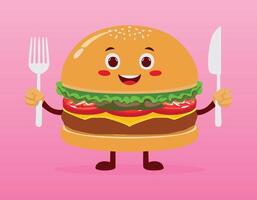 a hamburger character holding a fork and knife vector