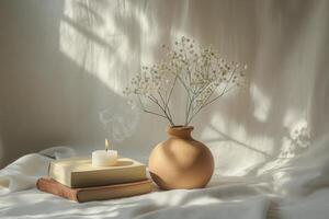 A peaceful setting with a lit candle and a vase of dried flowers resting on a wooden surface photo