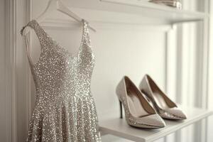 Sparkling silver dress displayed next to elegant high heels in stylish interior photo