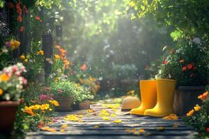 Bright yellow rubber boots and straw hat in a vibrant garden path filled with colorful flowers photo