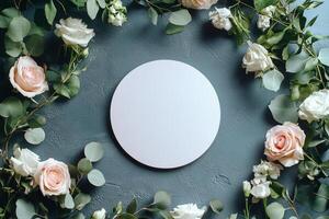 Elegant floral arrangement with pastel roses and a blank circular frame on a textured surface photo
