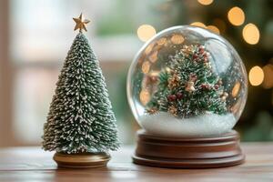 Decorative miniature Christmas tree and snow globe on wooden table with holiday lights in background photo