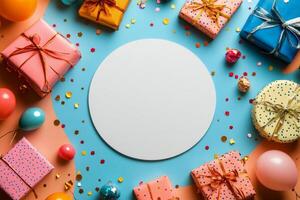 Colorful party setup with gifts and decorations on a vibrant background ready for celebration photo