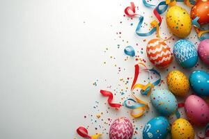 Decorated Easter eggs and pastel ribbons arranged on a white background for spring celebrations photo