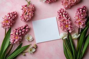 Pink flowers arranged around a blank card on a pastel pink background for a seasonal celebration photo