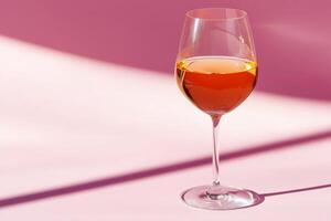 A glass of amber wine on a soft pink background with warm sunlight creating elegant shadows photo