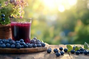 Refreshing blueberry juice next to a basket of blueberries in a sunlit garden photo